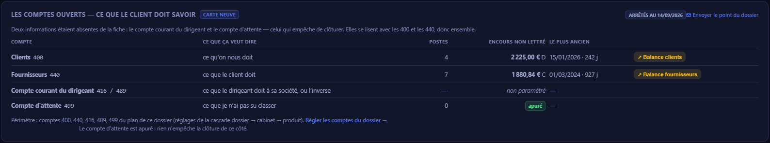 Tableau des comptes ouverts : clients, fournisseurs, compte courant du dirigeant, compte d'attente